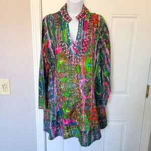 Soft Surroundings Mosaic Tunic Artsy Embroidery Tie Dye Jade Multi Womens Sz S